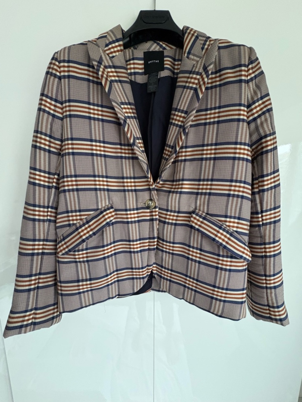 Smythe Hooded Plaid Blazer in Beige, Navy & Brown